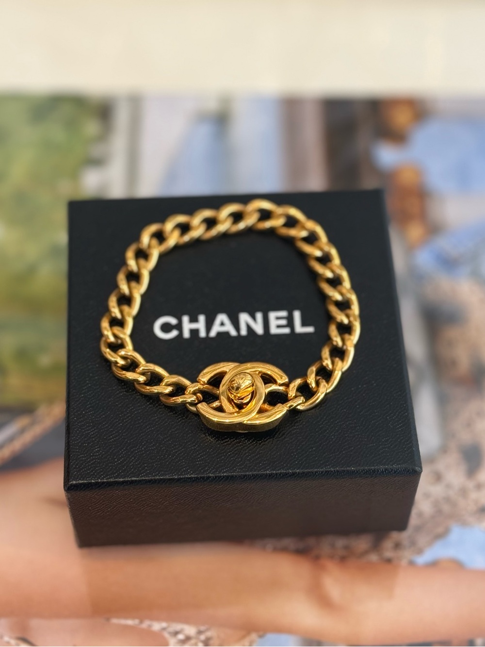 CHANEL Gold-Tone Chunky Chain Bracelet with Interlocking CC Motif